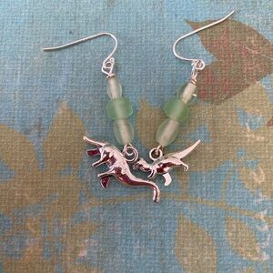 Dinosaur beach glass beaded earrings. Handmade